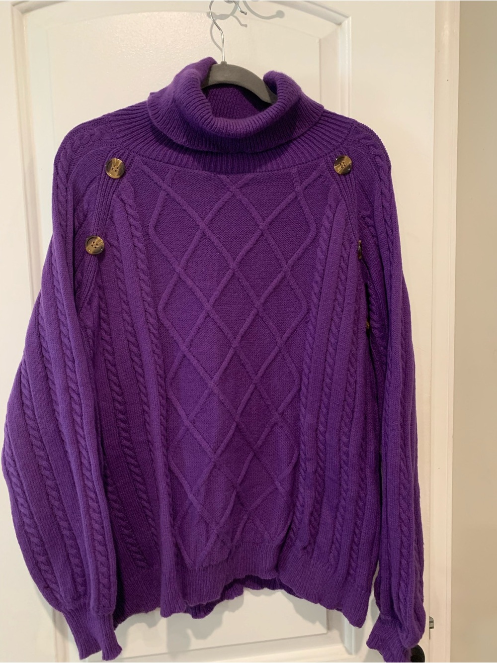 Cozy Purple Cable-Knit Turtleneck Sweater with Button Accents
